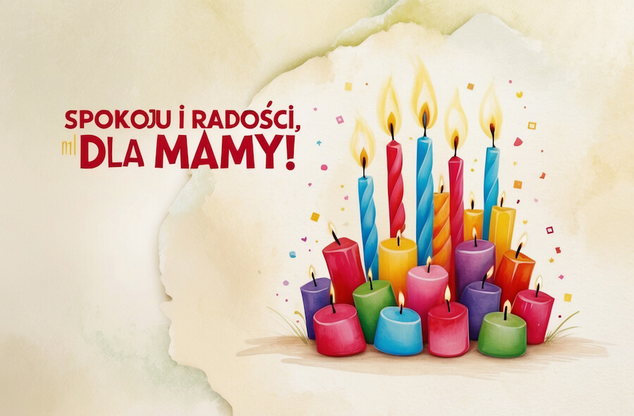 Piękna kartka do wysłania mamie w dniu urodzin, kolorowe świeczki, z życzeniami: spokoju i radości, dla mamy