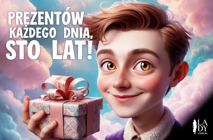 Urocza kartka z uśmiechniętym, zadowolonym synem, który trzyma prezent na tle nieba, z przesłaniem: Prezentów każdego dnia, sto lat