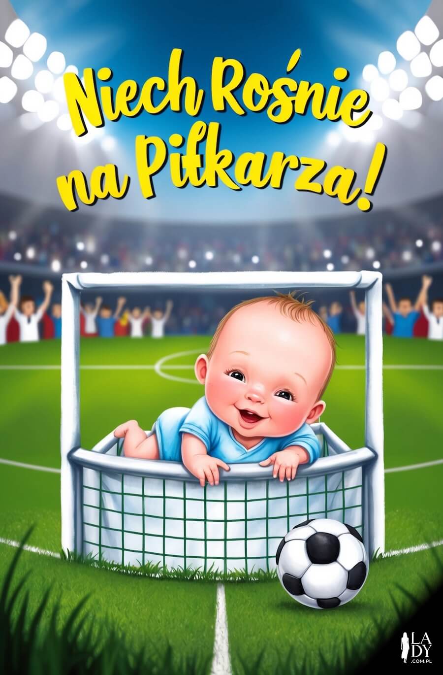 Zabawna kartka z maluszkiem w bramce na stadionie piłkarskim, z napisem kierowanym do dziadków: Niech rośnie na piłkarza