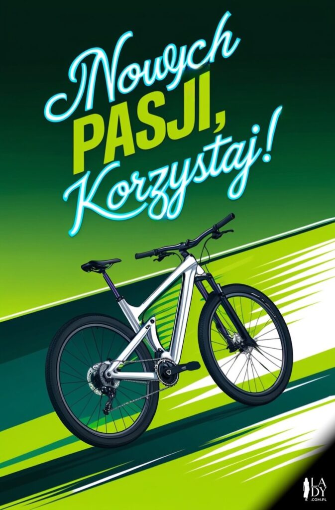 Energiczna ilustracja pełna pasji do wysłania emerytowi z okazji przejścia na emeryturę, pędzący rower na zielonym tle, z przesłaniem: Nowych pasji, korzystaj