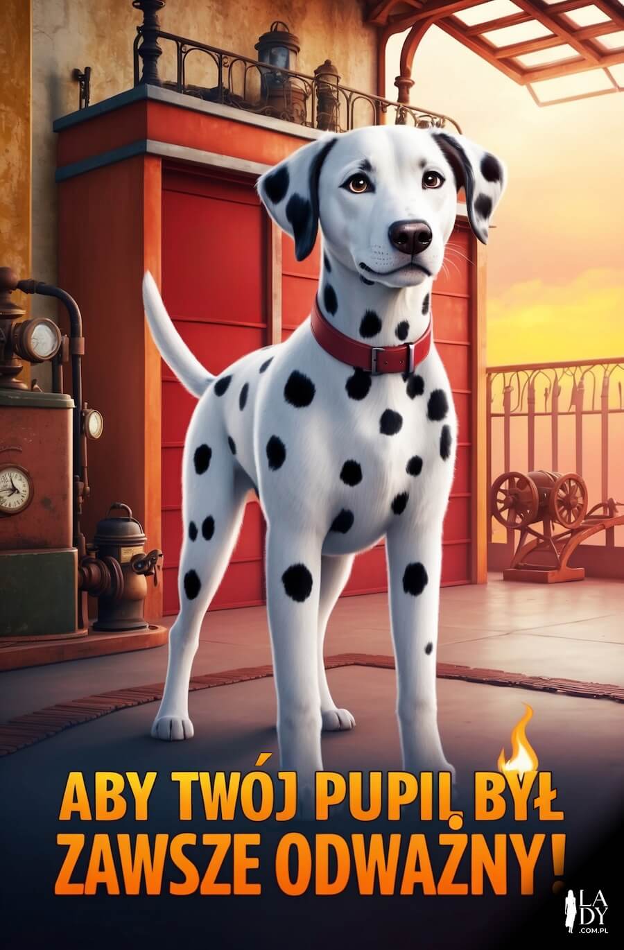 Charakterystyczna ilustracja, pies dalmatyńczyk stojący na straży, z napisem: Aby Twój pupil był zawsze odważny