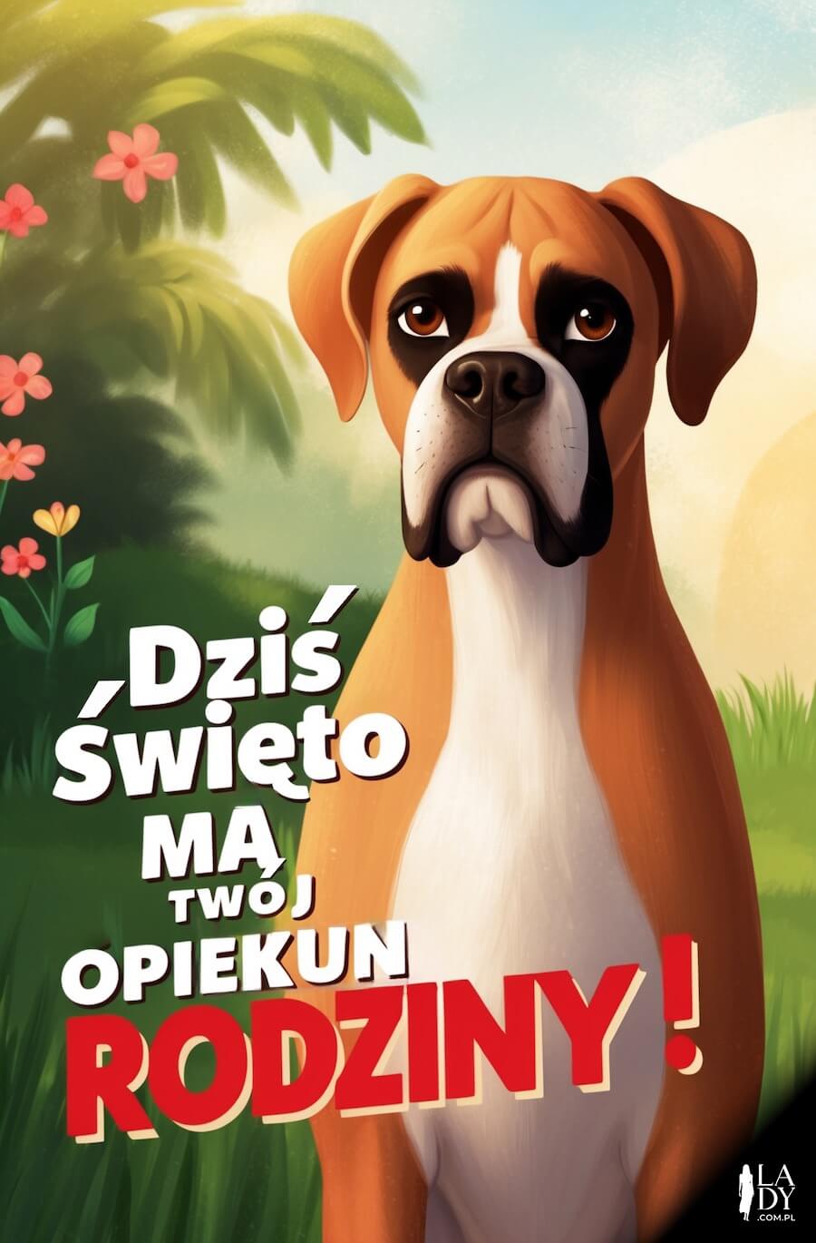 Oryginalna kartka do wysłania w Dniu Psa, pies bokser w ogrodzie, z pozdrowieniami: Dziś święto ma Twój opiekun rodziny