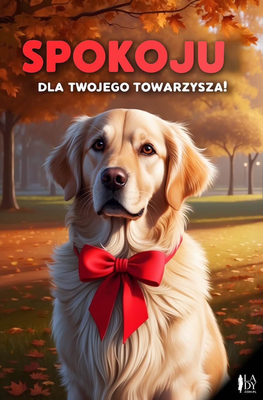 Piękny obrazek pełen serdeczności, pies domowy z kokardką na szyi w parku, z życzeniami: Spokoju dla Twojego towarzysza