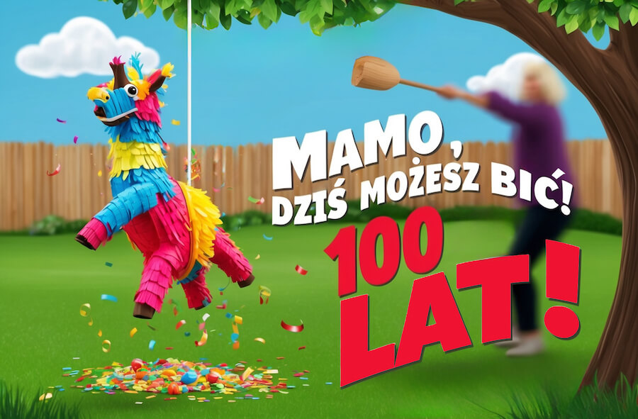 Zabawna kartka z komicznym akcentem, mama z miotłą bijąca w kolorową piniatę w ogrodzie, z napisem: Mamo, dziś możesz bić, 100 lat