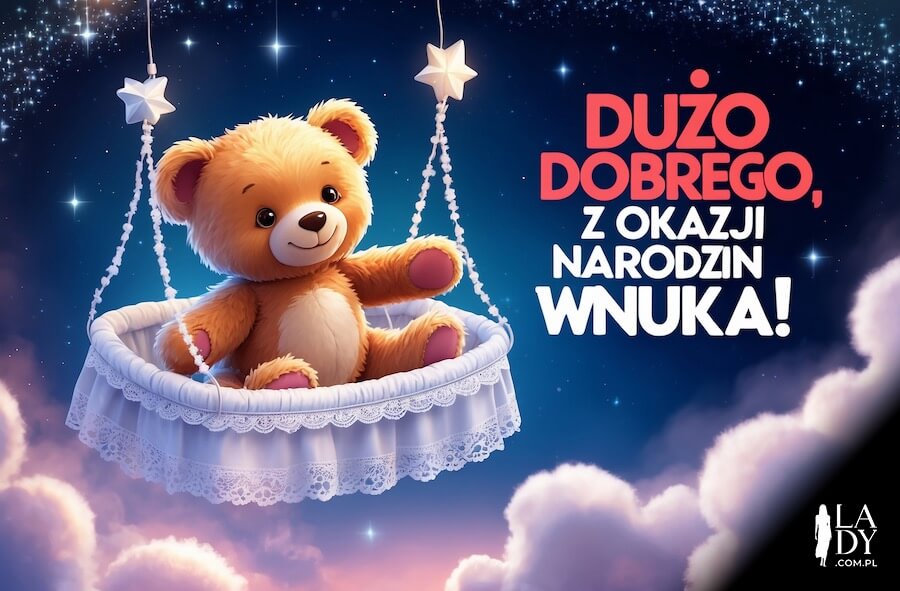 Kartka do wysłania, pluszak w kołysce na tle gwiazd, z pozdrowieniami: Dużo dobrego, z okazji narodzin wnuka