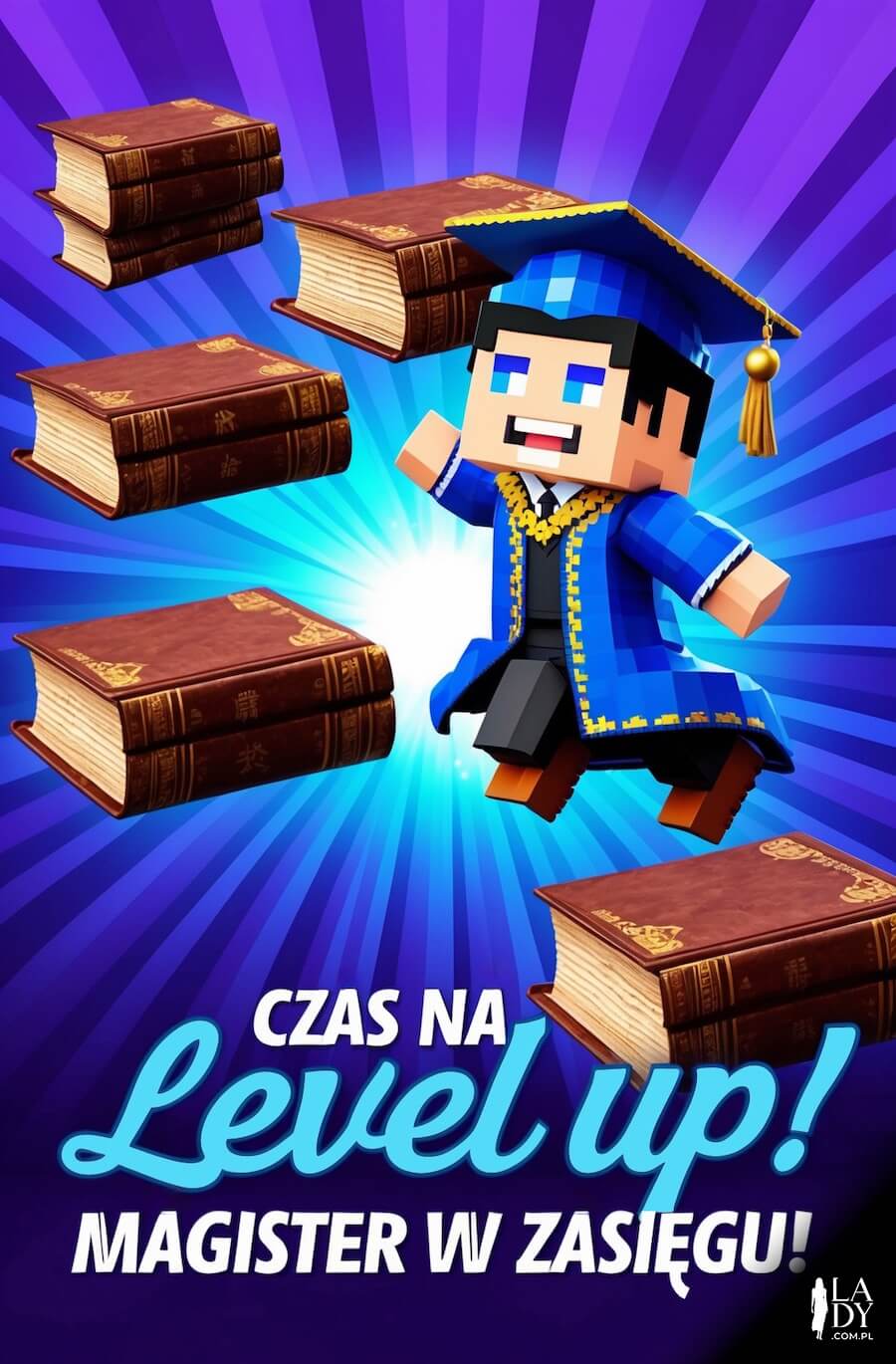 Scena jak z gry, kartka do wysłania z okazji obrony pracy magisterskiej, postać absolwenta. z gry, wśród książek, z pozdrowieniami: Czas na level up, magister w zasięgu
