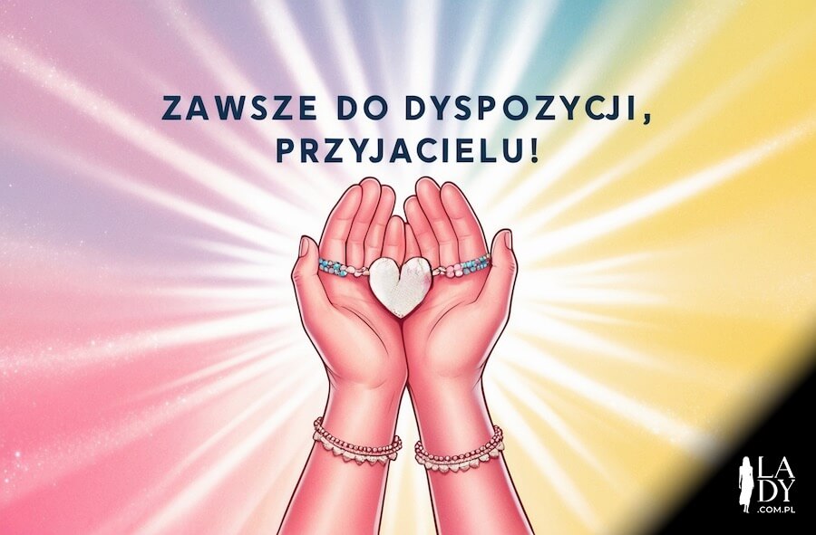 Kartka z życzeniami do wysłania w Dniu Przyjaźni, bransoletka z sercem trzymana w dłoniach, z pozdrowieniami: Zawsze do dyspozycji, przyjacielu