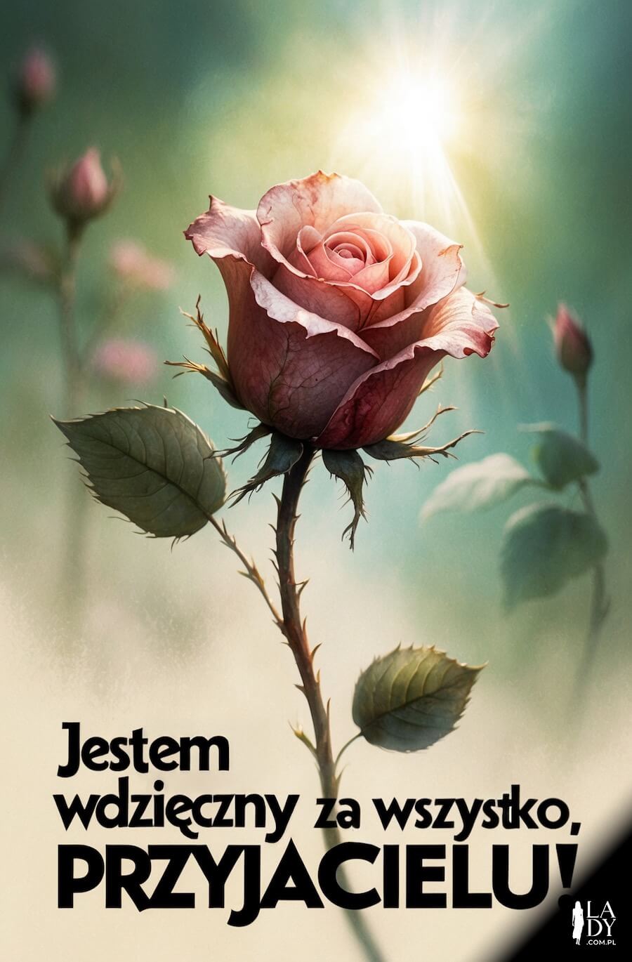 Piękny obrazek do wysłania przyjacielowi, kwiat róży w blasku, z pozdrowieniami: Jestem wdzięczny za wszystko, przyjacielu