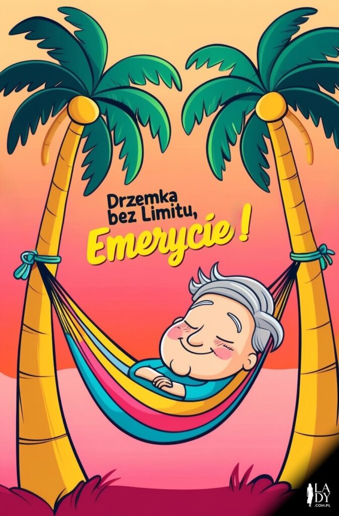 Wesoła kartka z humorystycznym akcentem w postaci śpiącej staruszki na hamaku między palmami z plażą w tle, z napisem: Drzemka bez limitu, emerycie