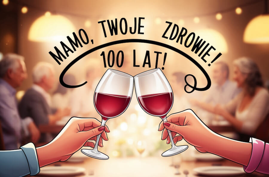 Kartka obrazek do wysłania na urodziny mamy, toast kieliszki wina wśród gości przy stole, z życzeniami: Mamo, Twoje zdrowie, 100 lat