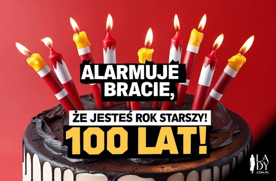 Zabawna ilustracja do wysłania w dniu urodzin brata, wielki tort ze świeczkami i napisem: Alarmuje bracie, że jesteś rok starszy, 100 lat