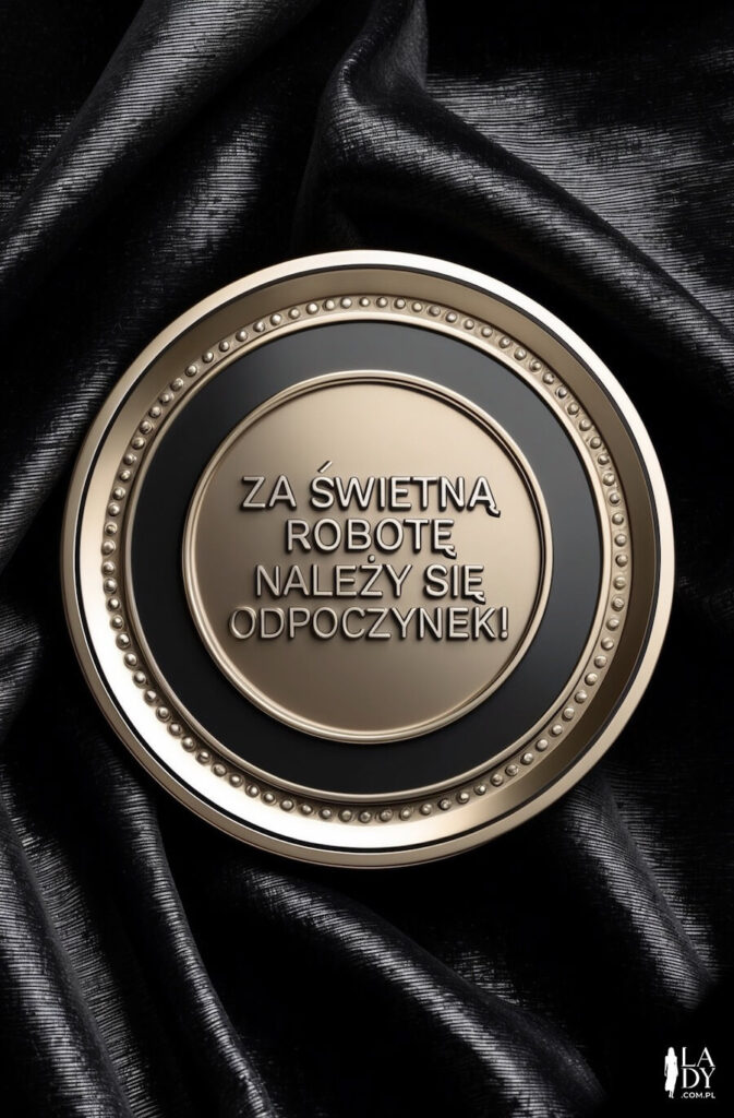 Elegancka kartka jako gest uznania za ciężką pracę, napis na złotej tarczy: Za świetną robotę należy się odpoczynek