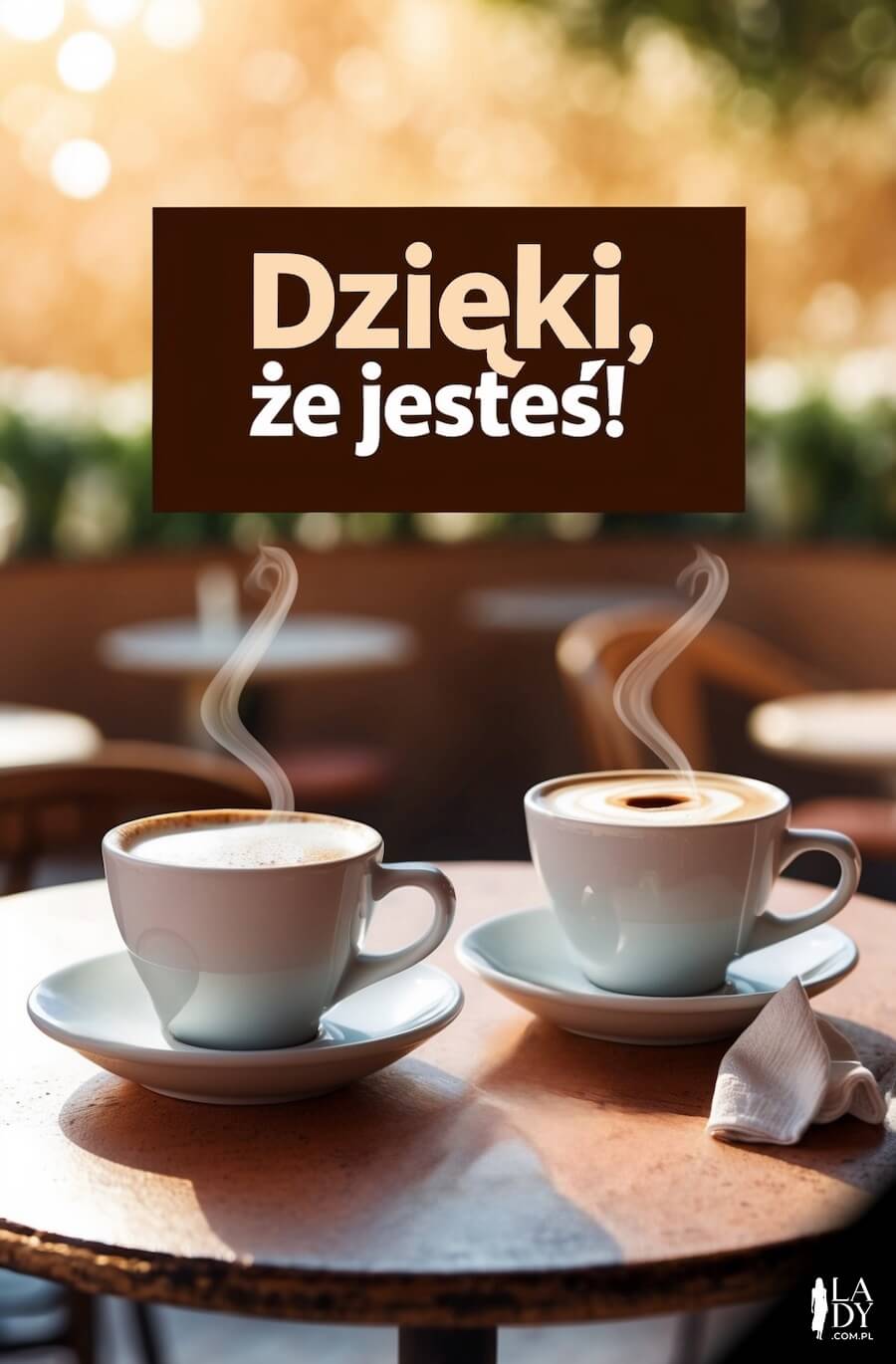 Oryginalna kartka do wysłania w Dniu Przyjaciela, dwie filiżanki kawy na stoliku, z napisem: Dzięki, że jesteś