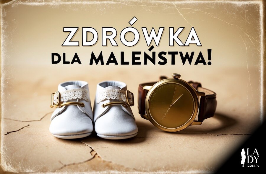 Piękna ilustracja z historią, białe buciki i zegarek, z życzeniami: Zdrówka dla maleństwa