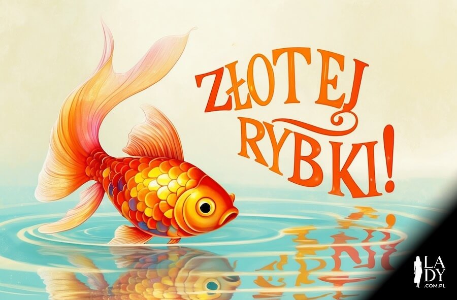 Ilustracja do wysłania w dniu urodzin rybaka, wędkarza, złota rybka nad wodą, z napisem: Złotej rybki