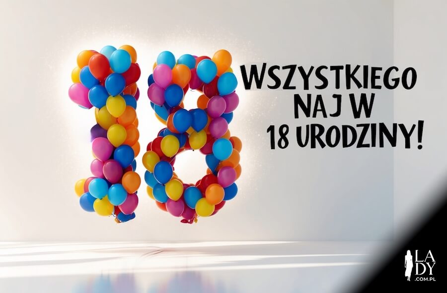 Oryginalna kartka na urodziny przyjaciółki, balony tworzące cyfrę 18, z życzeniami: Wszystkiego naj w 18 urodziny