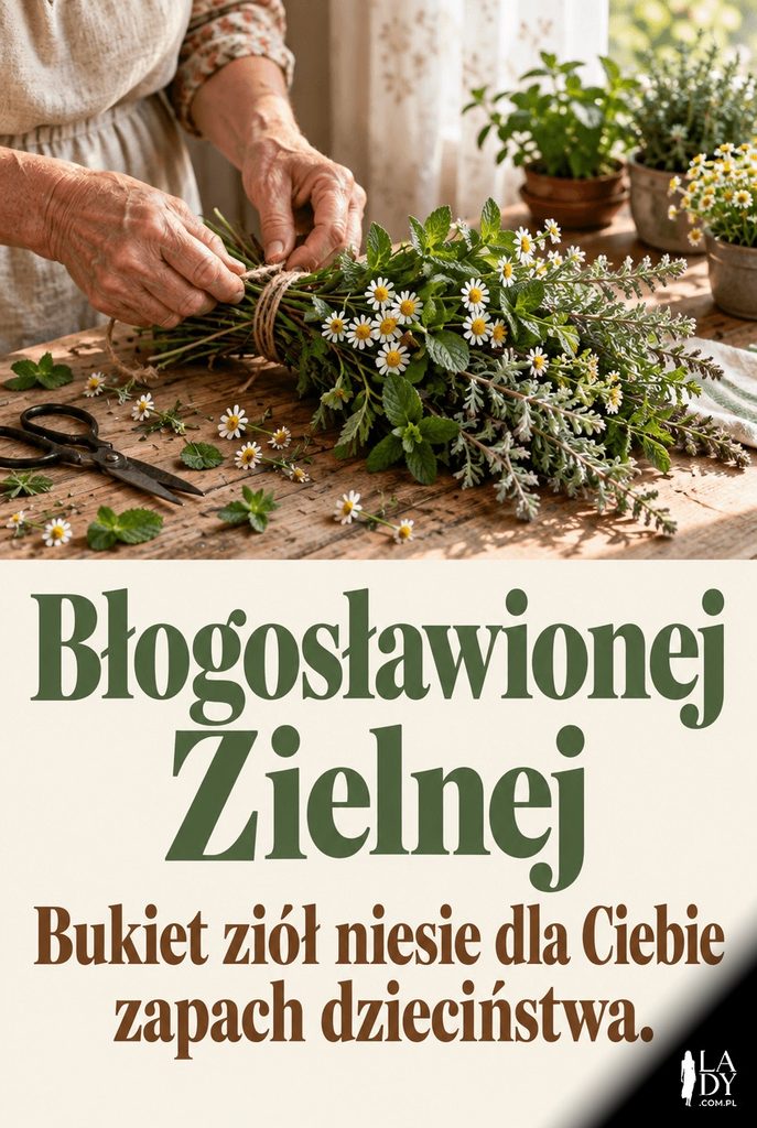 Starsze dłonie wiążące bukiet ziół na drewnianym stole, kartka na Święto Matki Boskiej Zielnej z życzeniami „Błogosławionej Zielnej”.