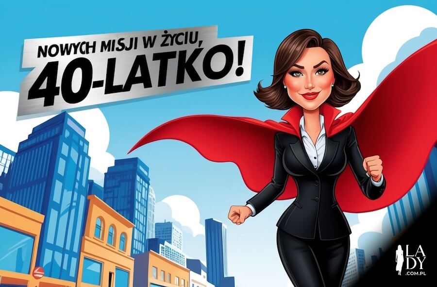 Śmieszna kartka, kobieta businesswoman w pelerynie na tle miasta, z napisem: Nowych misji w życiu, 40-latko