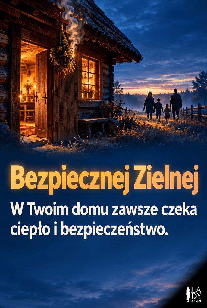 Dom o zmierzchu z pęczkiem ziół nad drzwiami i rodziną wracającą przez pole, kartka na Zielną z życzeniami „Bezpiecznej Zielnej”.