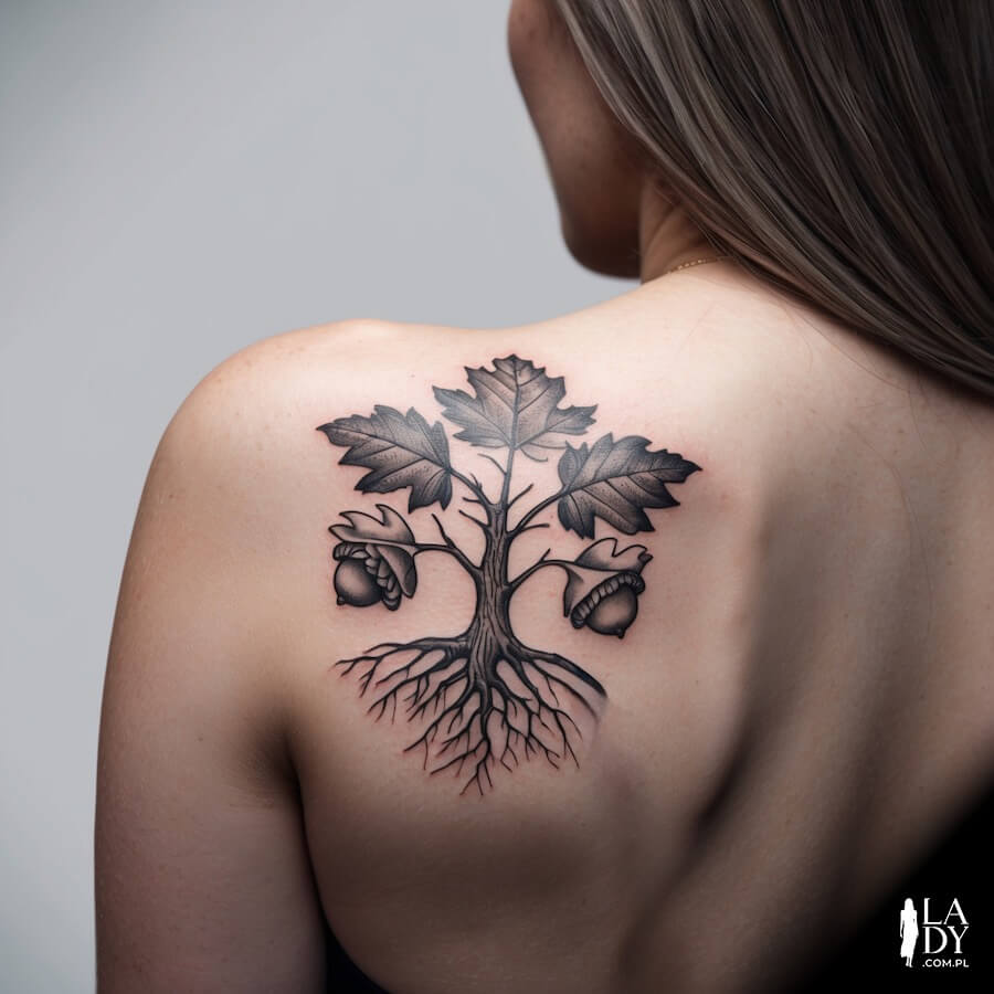 Drzewo dąb tatuaż na plecach kobiety