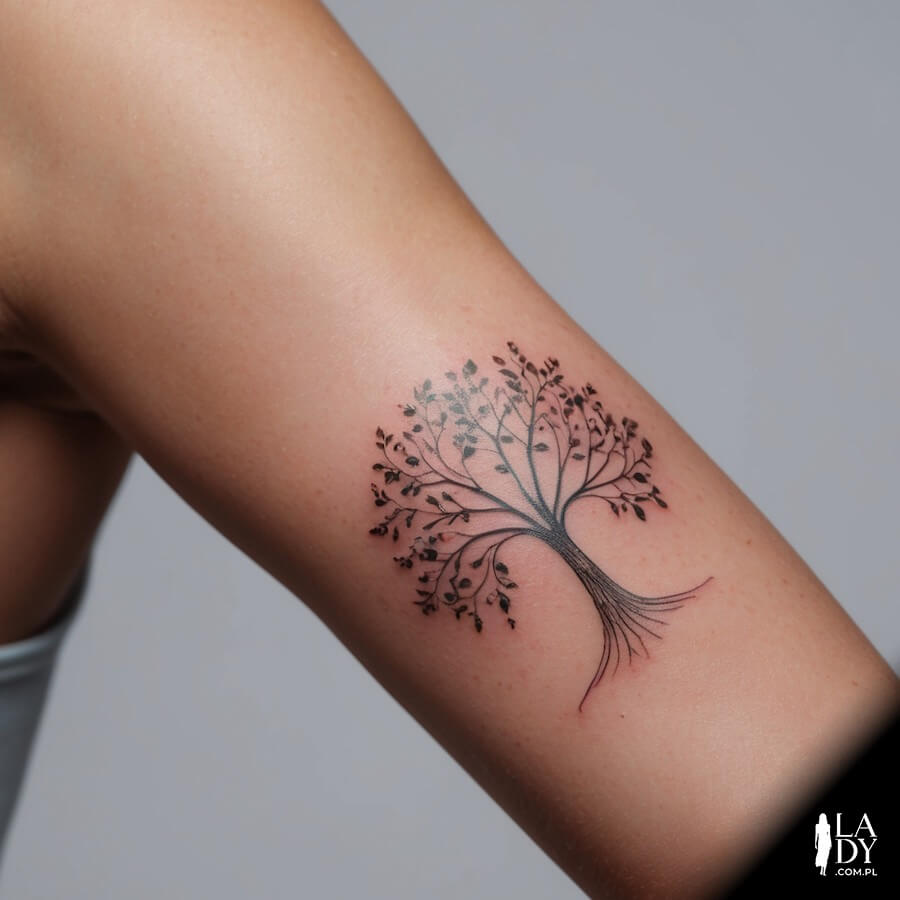 Tatuaż drzewko szczęścia na kobiecym ramieniu
