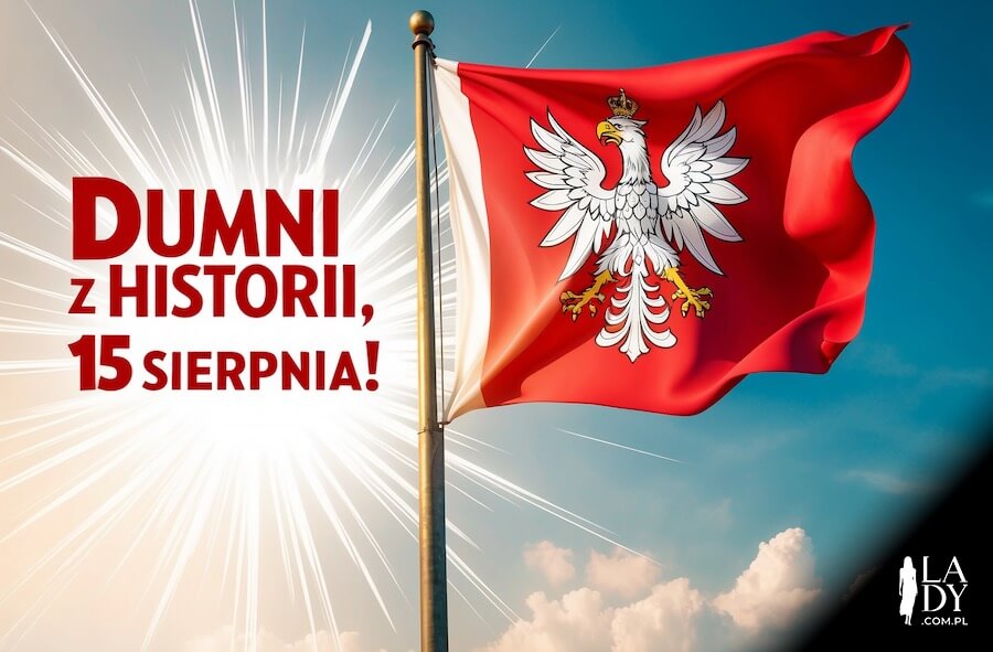 Kartka z flagą Polski i napisem "15 sierpnia"