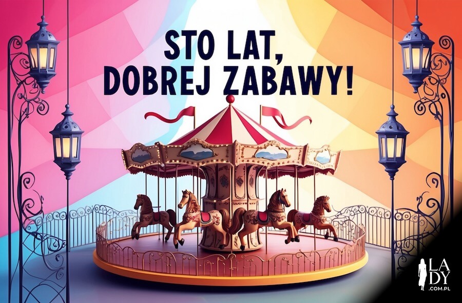 Ilustracja z motywem dzieciństwa i zabawy dla dziewczynki z okazji urodzin, karuzela i konie w wesołym miasteczku, z napisem: Sto lat, dobrej zabawy