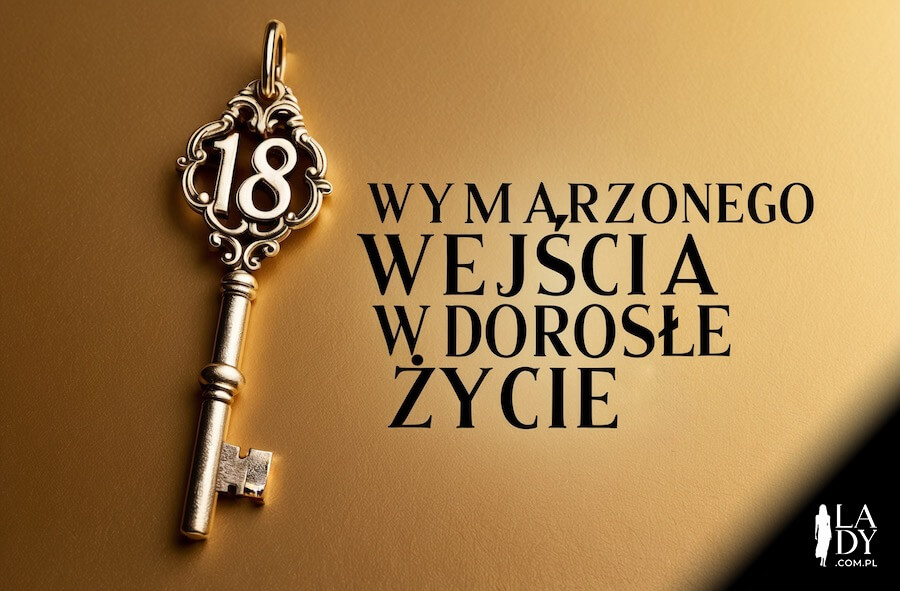Kartka ze szlachetnym motywem, złoty klucz z cyfrą 18, z tekstem: Wymarzonego wejścia w dorosłe życie