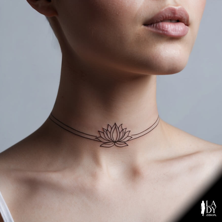 Tatuaż kwiat lotosu i linia na szyi u kobiety