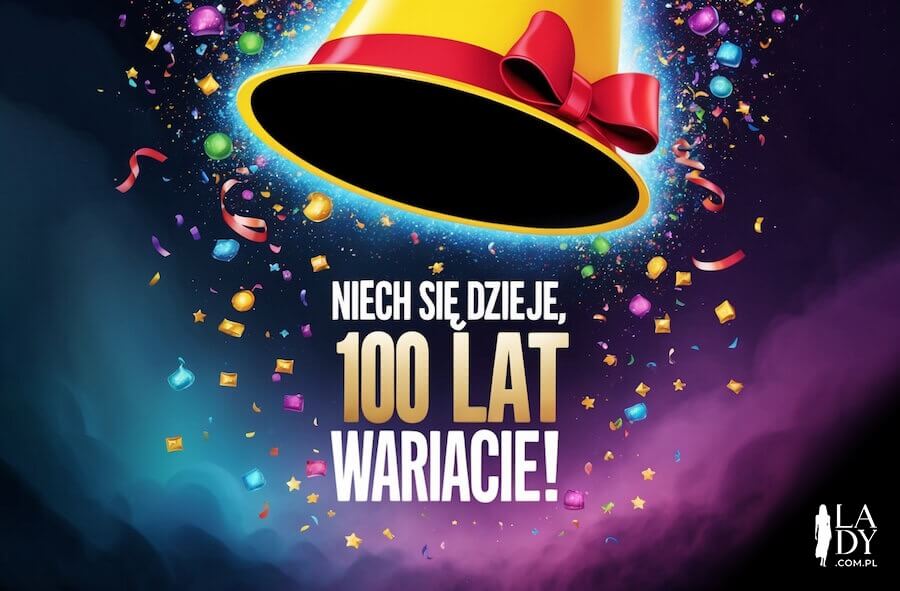 Ilustracja do wysłania koledze w dniu urodzin, magiczna czapka z kokardką, konfetti i napis: Niech się dzieje, 100 lat wariacie