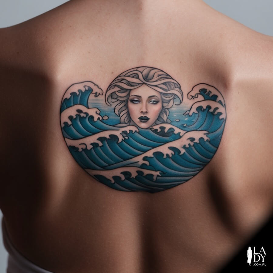 Meduza i fale - tatuaż na plecach kobiety
