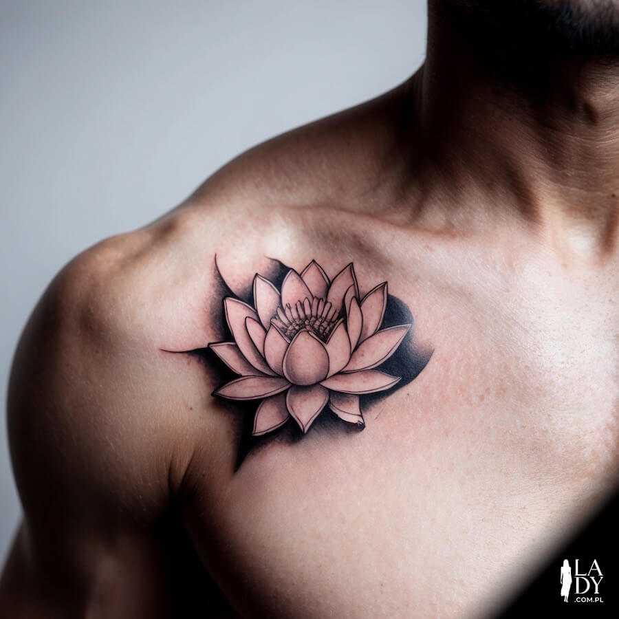 Mężczyzna z tatuażem kwiat lotosu na klatce piersiowej