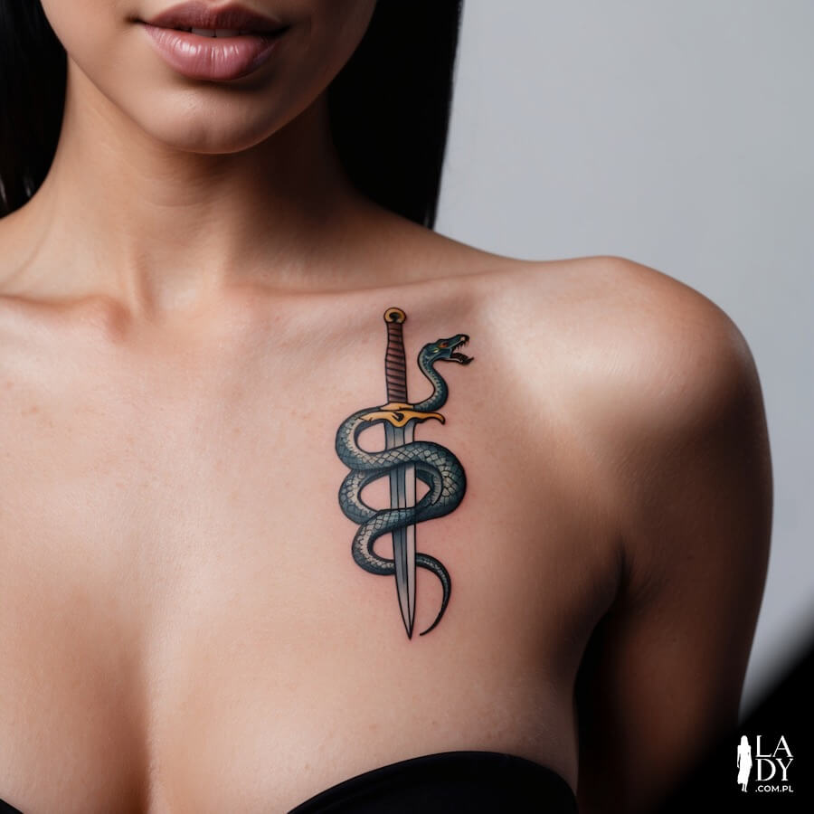 Tatuaż miecz opleciony przez węża na klatce piersiowej kobiety