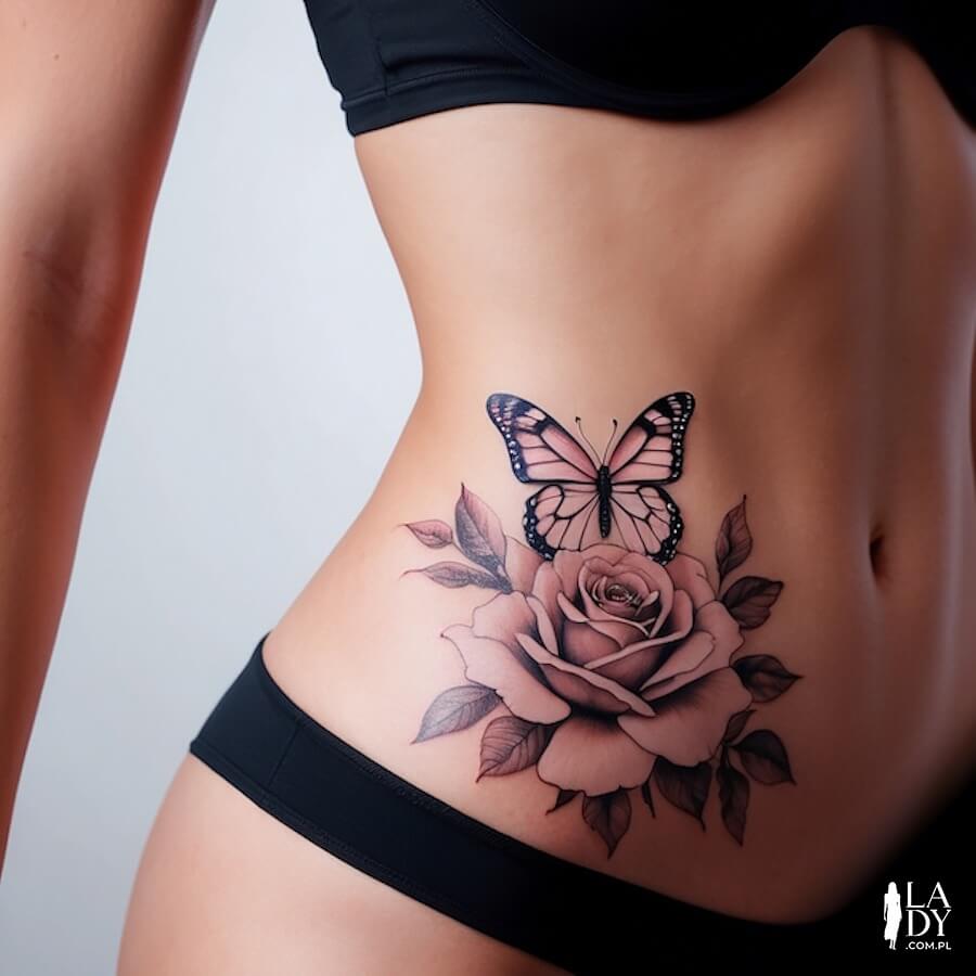 Kobiece ciało i tatuaż motyl z różą na brzuchu