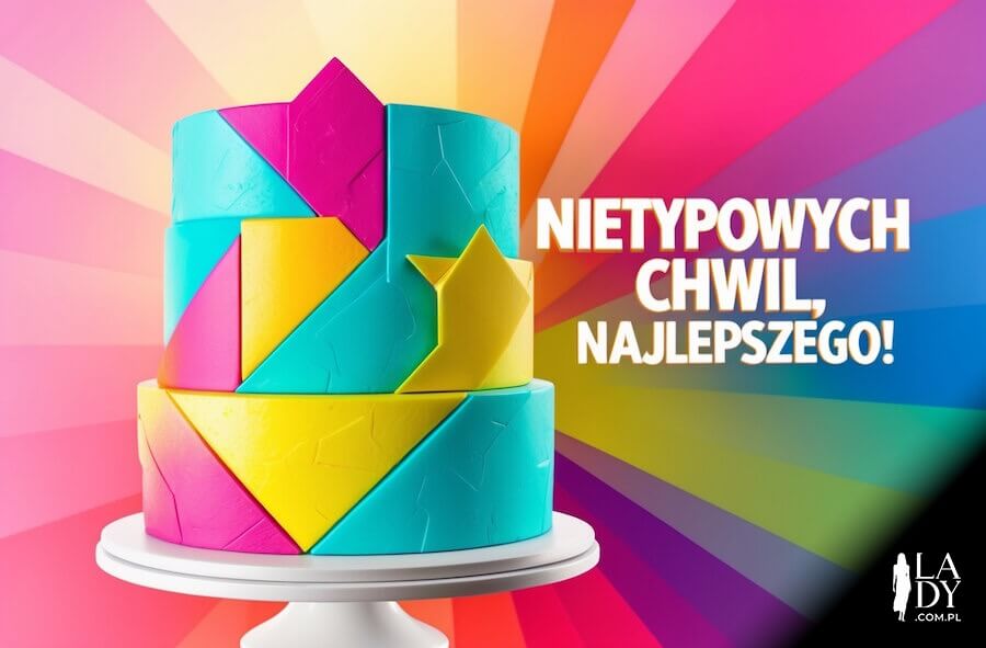 Urodzinowy obrazek, nietypowy tort na urodziny, kolorowe tło, z życzeniami: nietypowych chwil, najlepszego