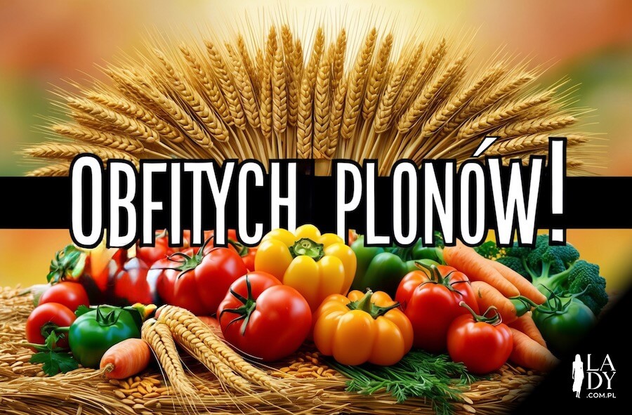 Zboże, warzywa jako kartka na Święto Matki Boskiej Zielnej z napisem: Obfitych plonów