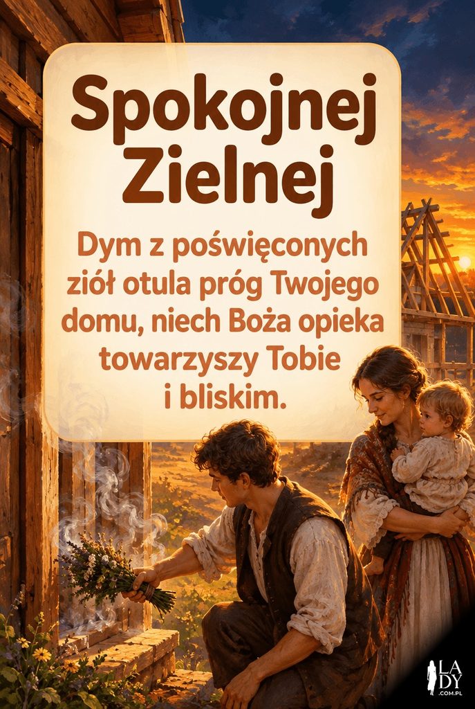 Rodzina okadzająca próg nowo budowanego domu poświęconymi ziołami o zmierzchu, kartka na Zielną z życzeniami „Spokojnej Zielnej”.