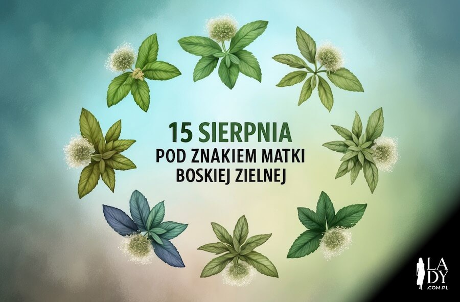 Kartka z tradycyjnym bukietem ziół, z tekstem: 15 sierpnia pod znakiem Matki Boskiej Zielnej