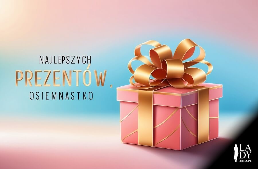 Kartka do wysłania z okazji 18 urodzin, prezent ze złotą kokardką, z życzeniami: Najlepszych prezentów, osiemnastko