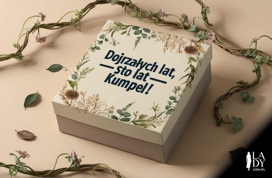 Kartka do wysłania znajomemu z okazji urodzin, pudełko z akcentem roślinnym, z napisem: Dojrzałych lat, sto lat kumpel