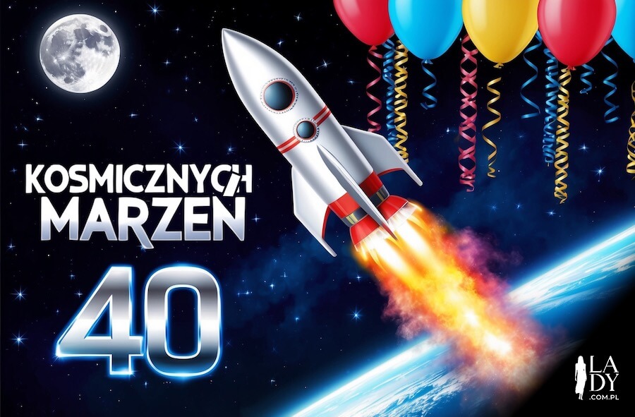 Zabawna ilustracja na urodziny, rakieta lecąca w kosmos, księżyc i balony urodzinowe, z napisem: Kosmicznych marzeń 40