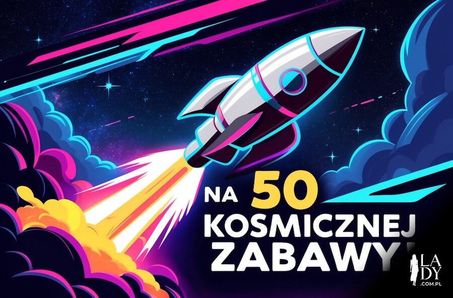 Kartka na urodziny, rakieta lecąca w kosmos, z napisem: Na 50 kosmicznej zabawy