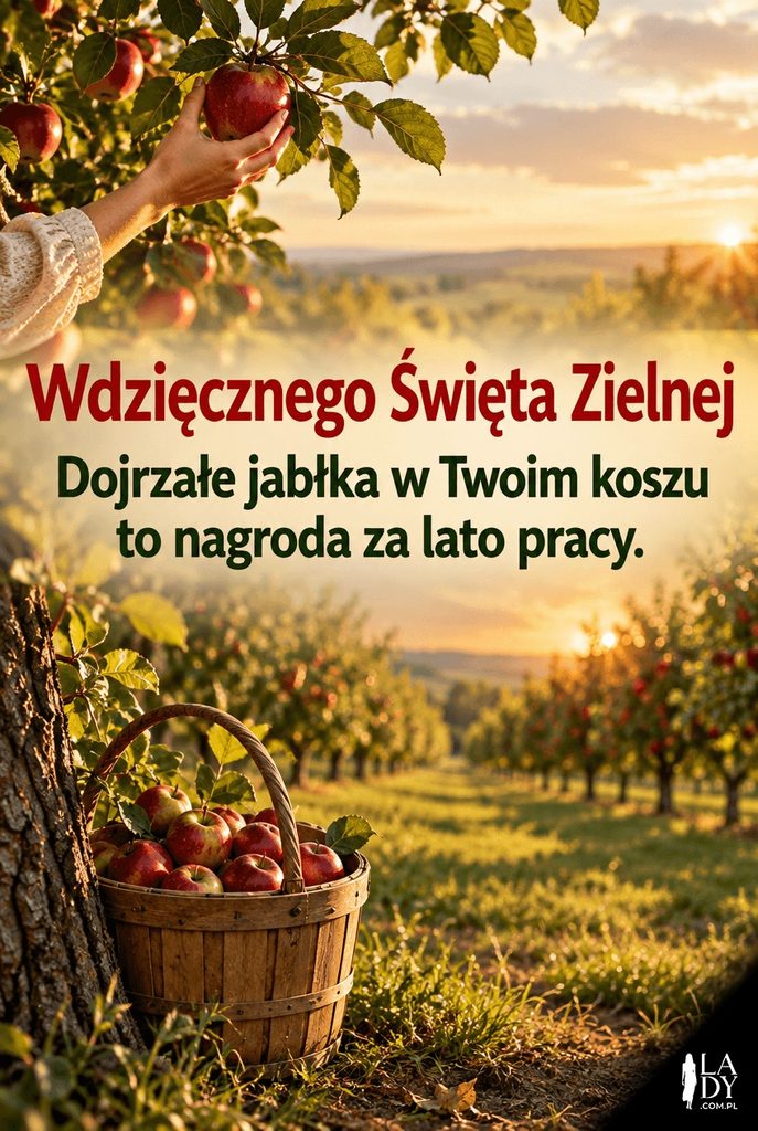 Zbiór jabłek w sadzie o zachodzie słońca, kartka na Zielną z życzeniami „Wdzięcznego Święta Zielnej”.