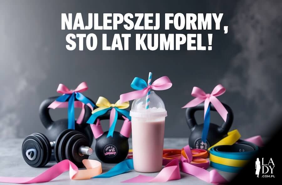 Kartka urodzinowa dla kolegi, shake proteinowy i ciężarki z kokardką, z napisem: Najlepszej formy, sto lat kumpel