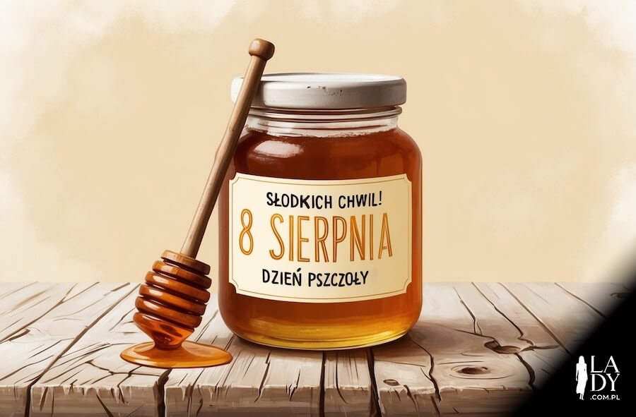 Słoik z pszczelim miodem na stoliku, z napisem na etykiecie: Słodkich chwil, 8 sierpnia Dzień Pszczoły