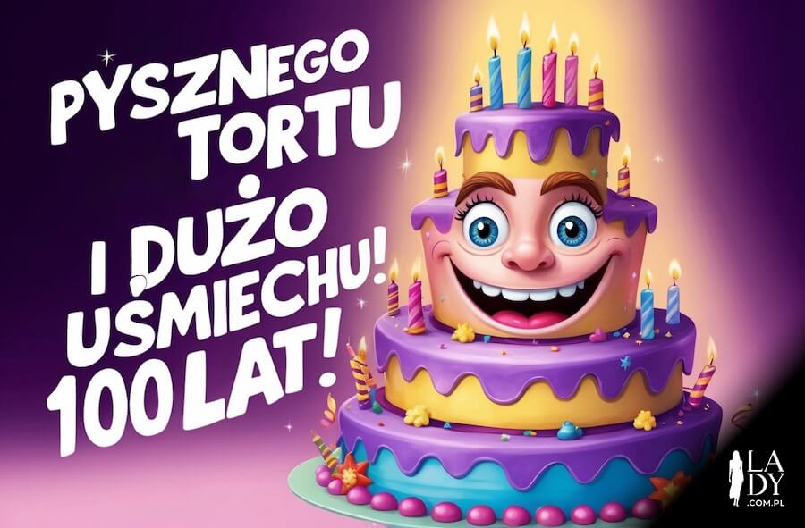 Obrazek na urodziny dla chłopca, wesoły tort z uśmiechem, z pozdrowieniami: Pysznego tortu i dużo uśmiechu, 100 lat