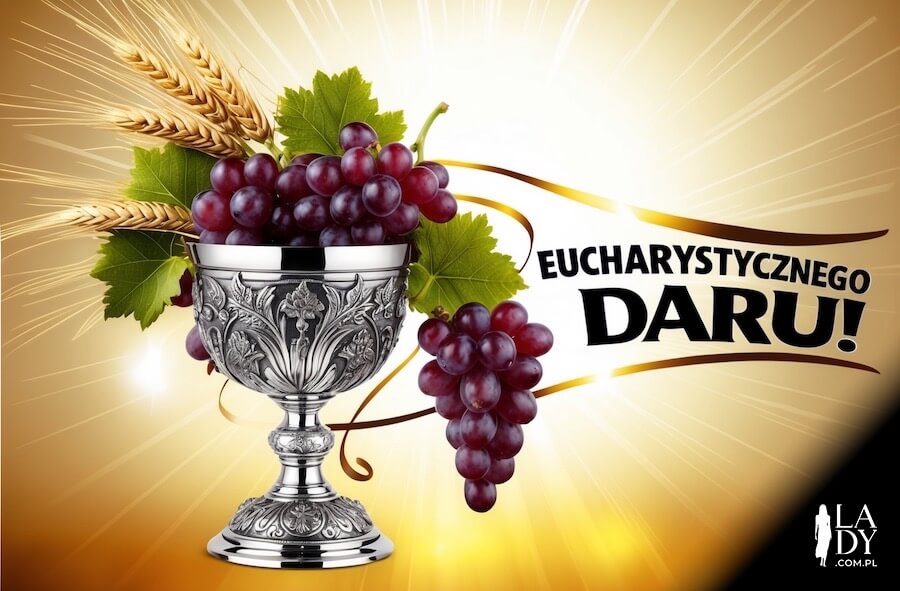 Kartka do wysłania 15 sierpnia, srebrny kielich ze zbożami i winogronami, z napisem: Eucharystycznego daru