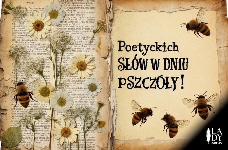 Kartka z pszczelą poezją i kwiatami oraz napis na drugiej stronie: Poetyckich snów w dniu pszczoły