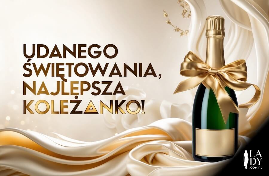 Kartka urodzinowa, szampan owinięty złotą wstążką, z życzeniami: Udanego świętowania, najlepsza koleżanko