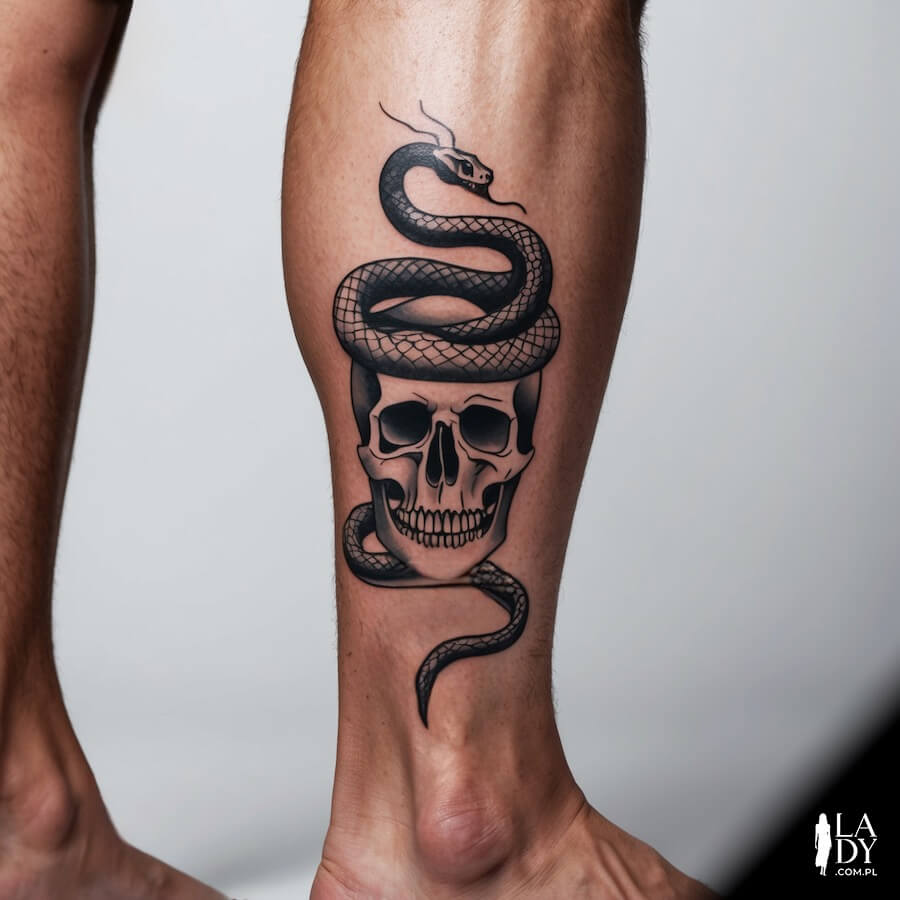 Tatuaż z czaszką na łydce mężczyzny